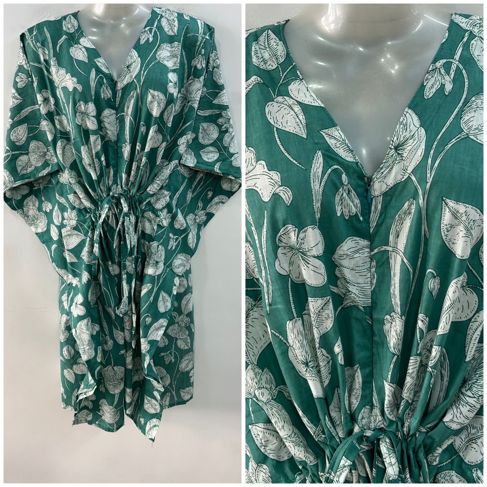 Slate Green shade Cotton Flower Print Mid-Length Cotton Maternity Kaftan Dress
