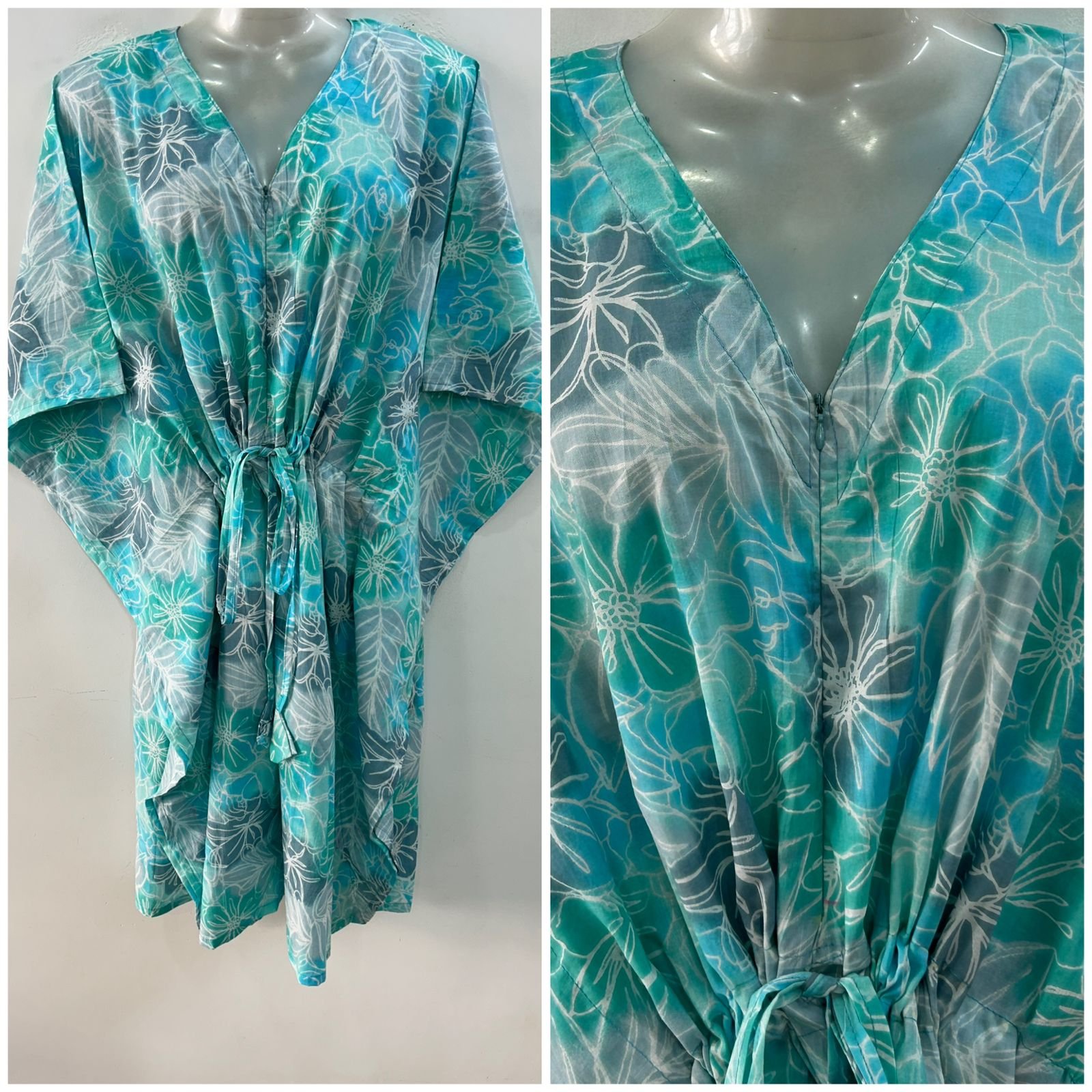 Blue-Green shaded Flower Outliner Print Mid-Length Cotton Maternity Kaftan Dress