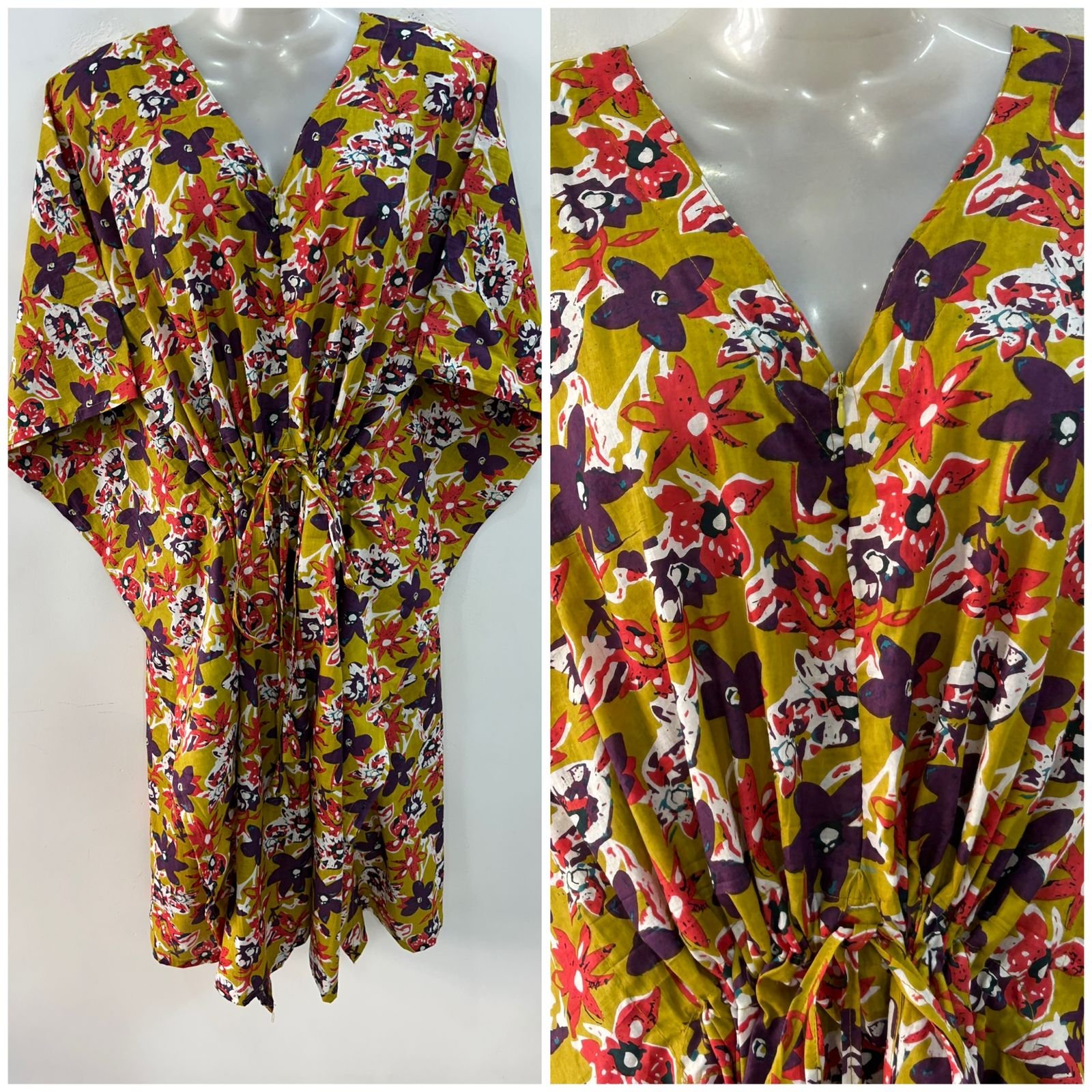 Mustard Yellow shade Purple-Red Daisy Print Mid-Length Cotton Maternity Kaftan Dress