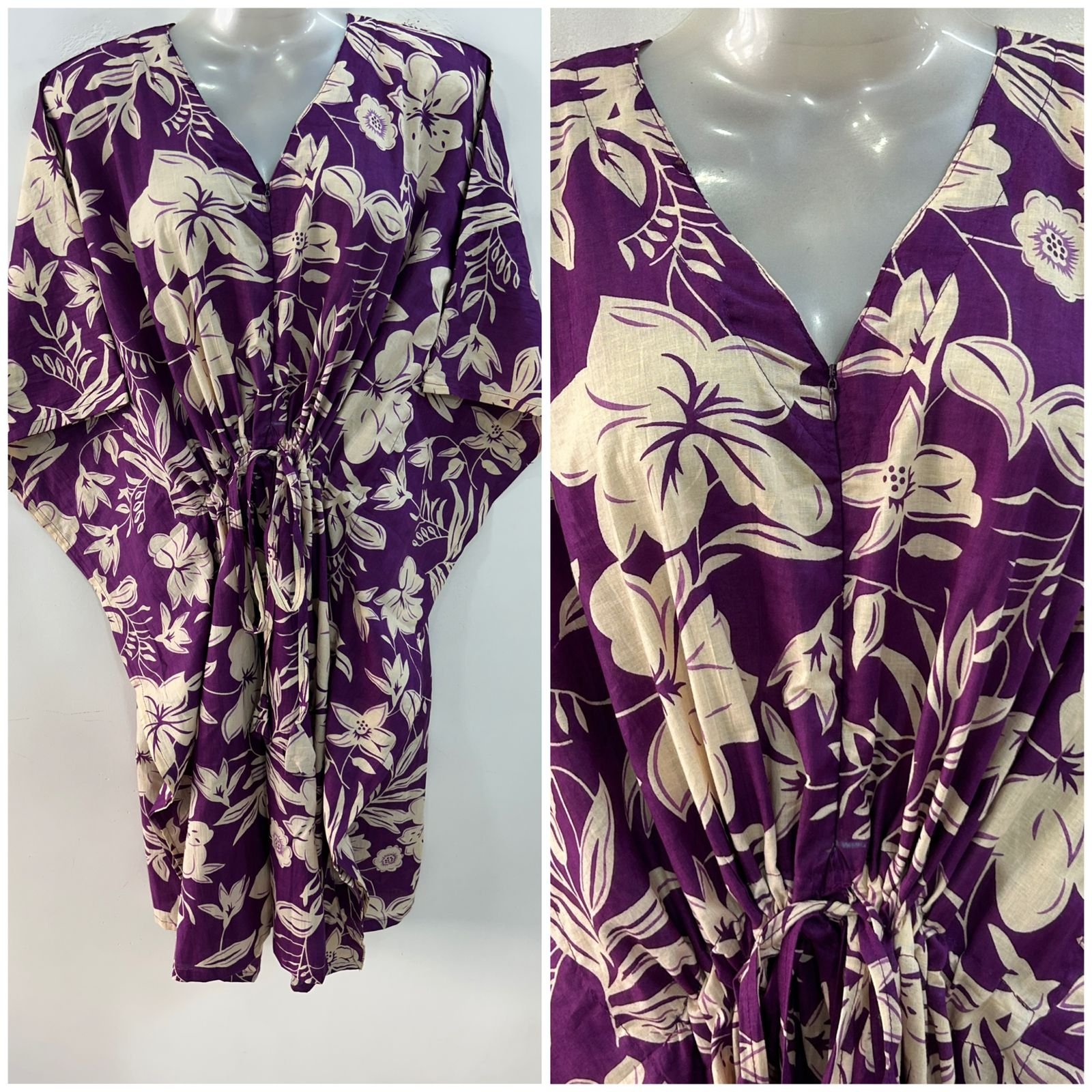 Purple shade Pansy Flower Print Mid-Length Cotton Maternity Kaftan Dress