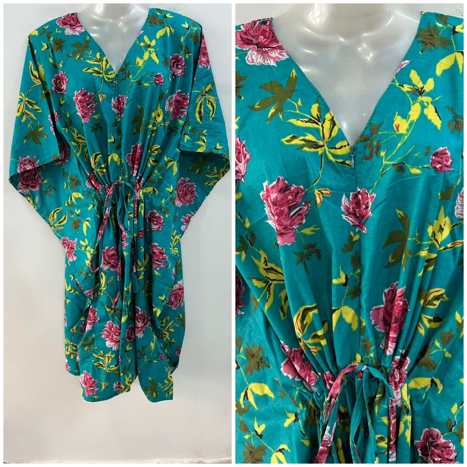 Seagreen shade Pink Rose Flower Print Mid-Length Cotton Maternity Kaftan Dress