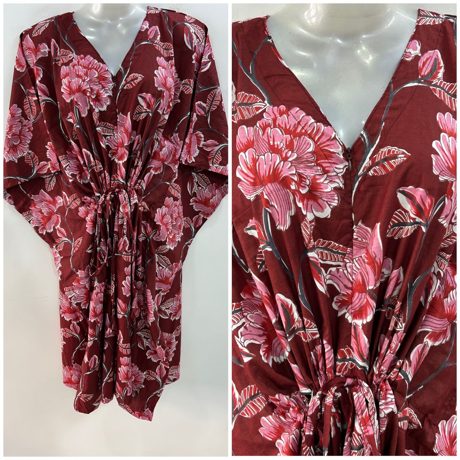 Mehroon shade Pink Earth-Lotus Flower Print Mid-Length Cotton Maternity Kaftan Dress