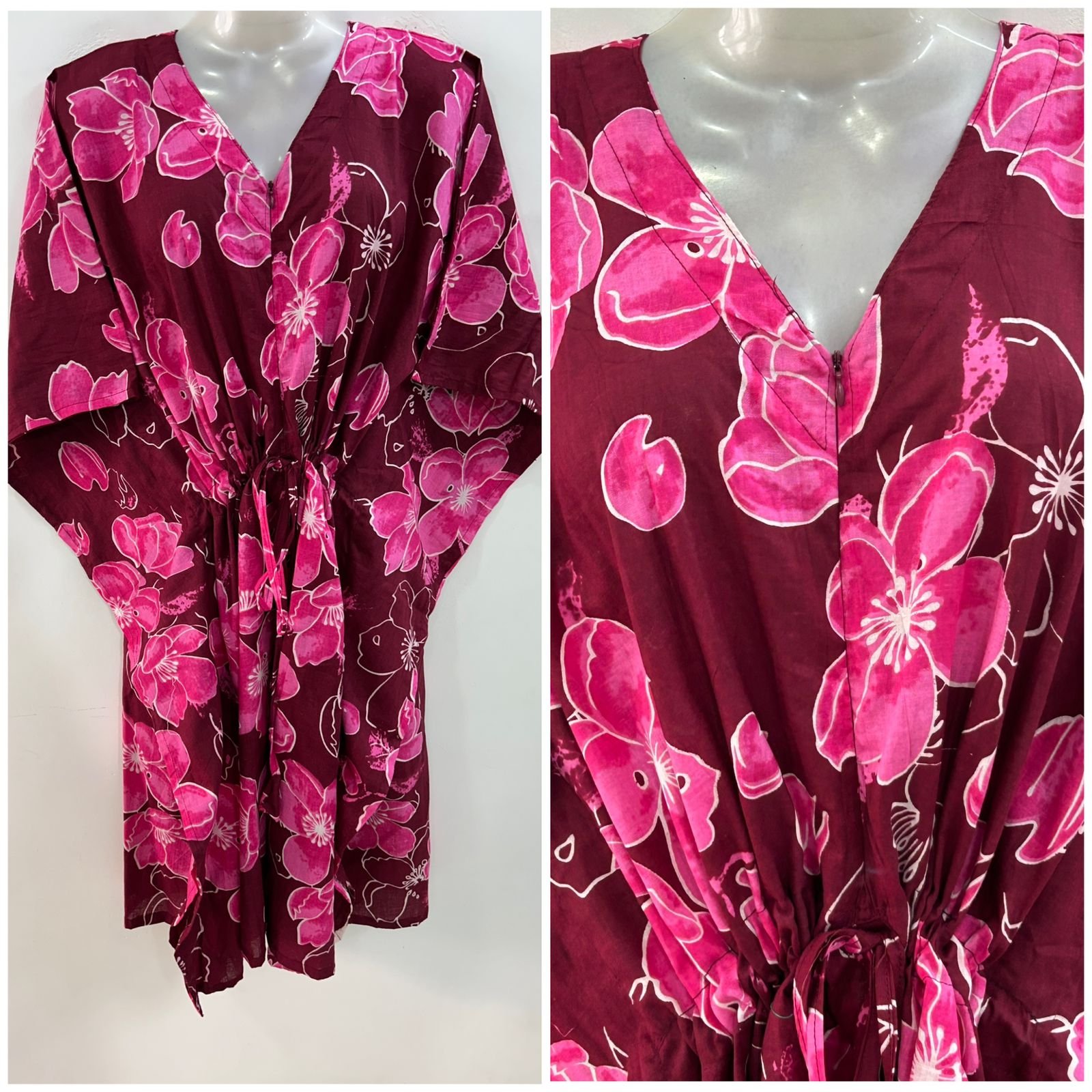 Dark Mehroon Shade Big Pink Flower Print Mid-Length Cotton Maternity Kaftan Dress