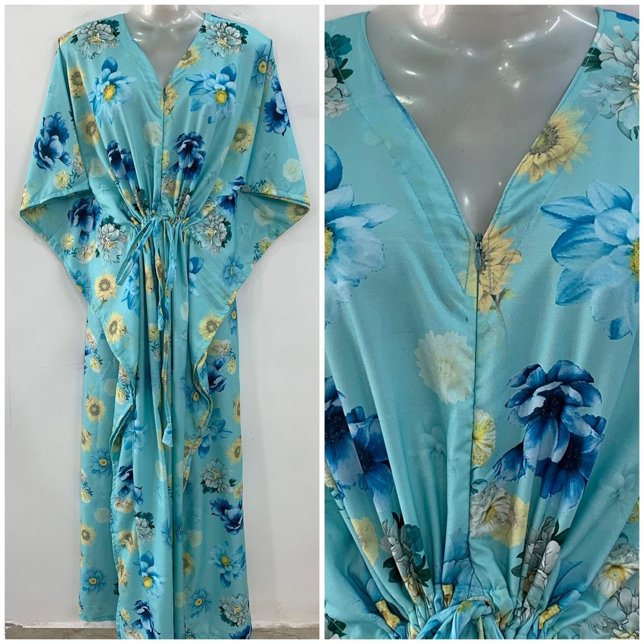 Light Aqua Blue Blossom Print Maternity Kaftan