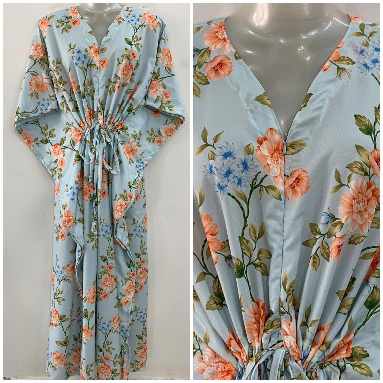 Pastel Blue shade Orange Bunch Flower Print Maternity Kaftan