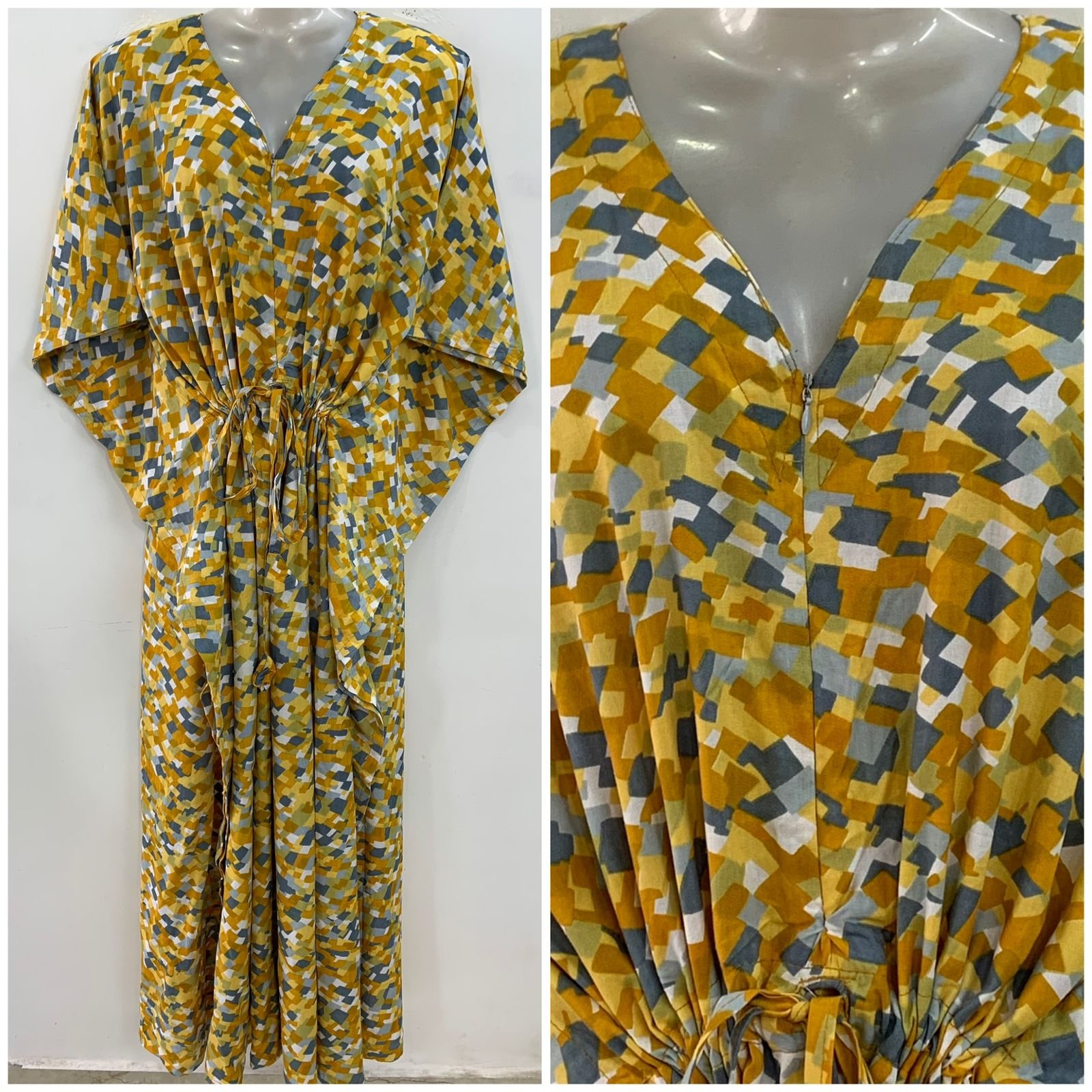 Yellow shade Geometrical Pixel Print Rayon Maternity Kaftan