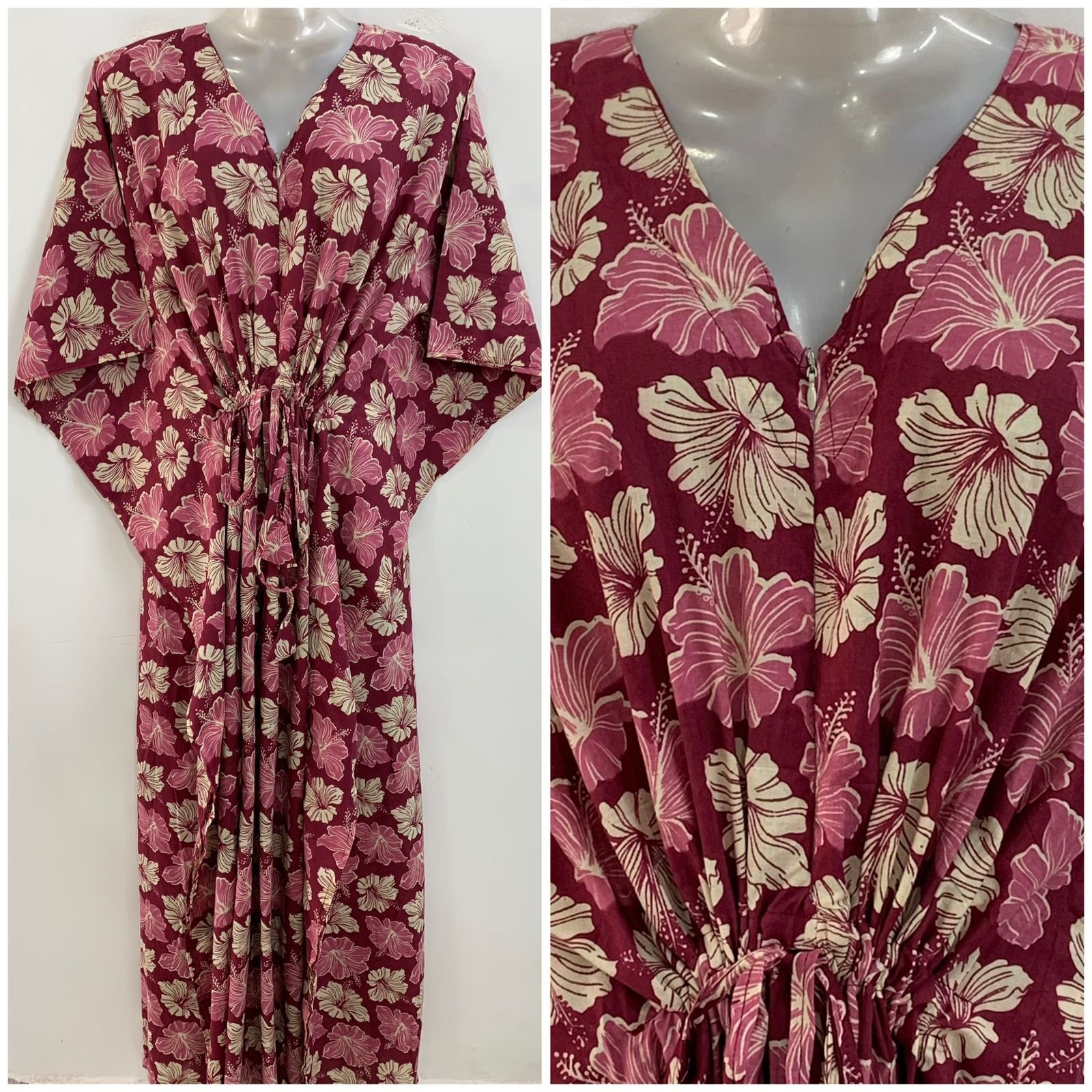 Red Shade Red Hibiscus Print Cotton Kaftan