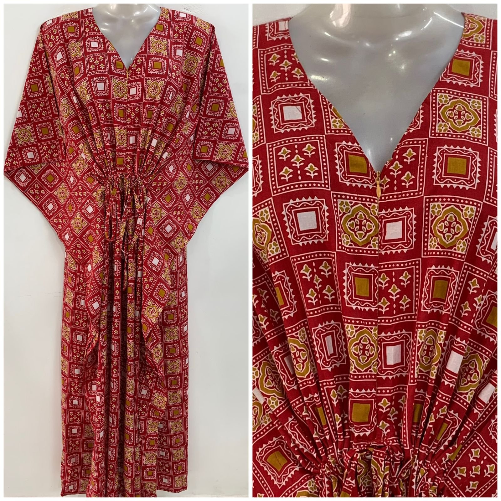 Red Shade Black Baghru Print Cotton Kaftan