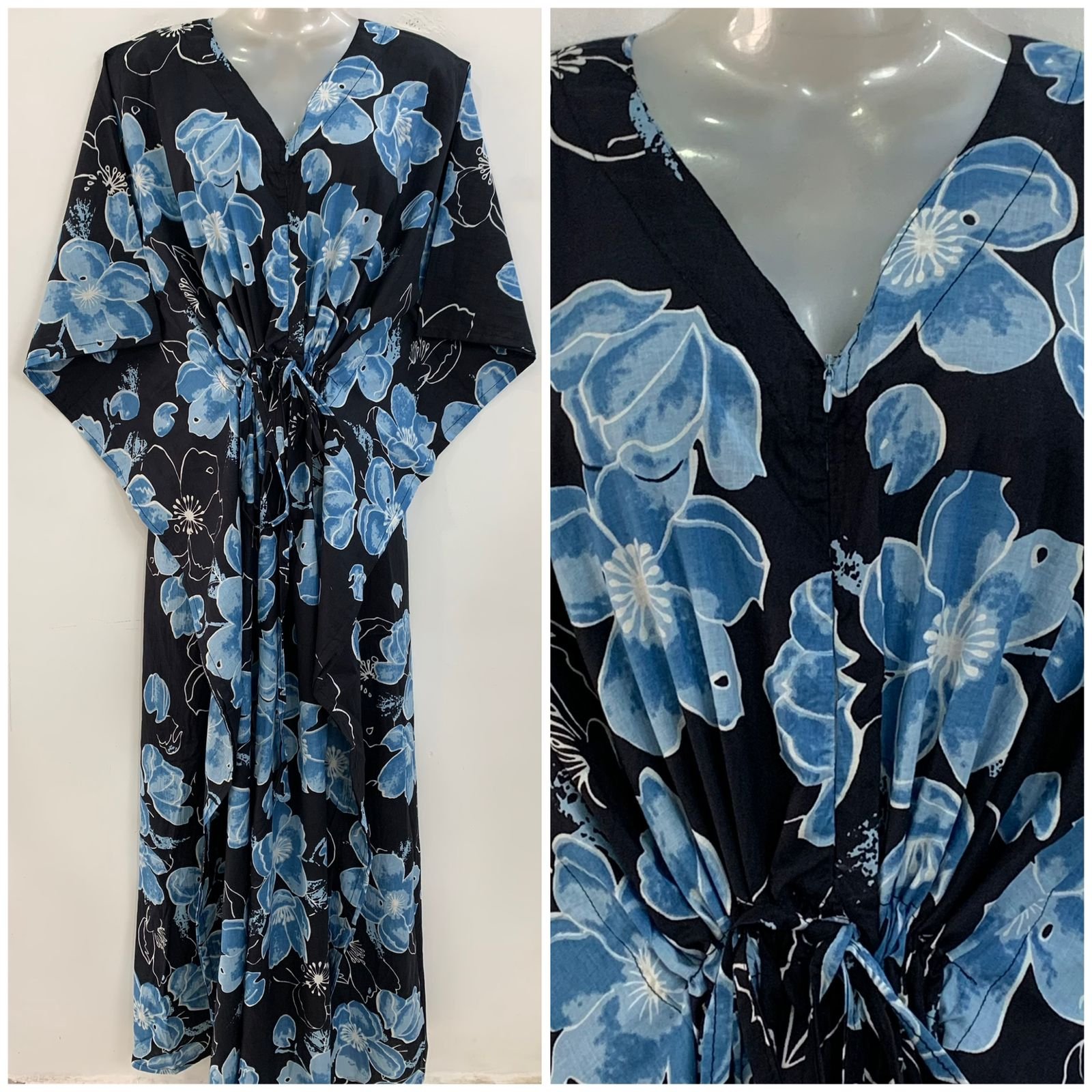 Black shade Big Blue flower Print Cotton Kaftan