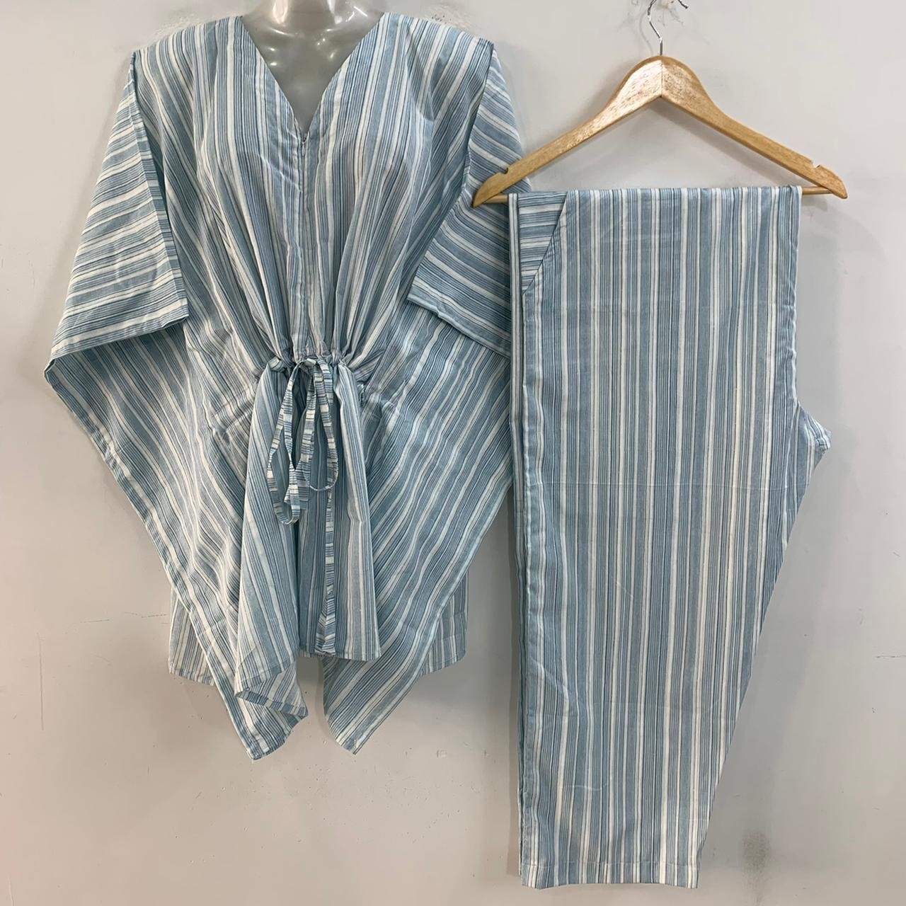 Grey Vertical Lining Print Cotton Maternity Kaftan Co-Ord Set