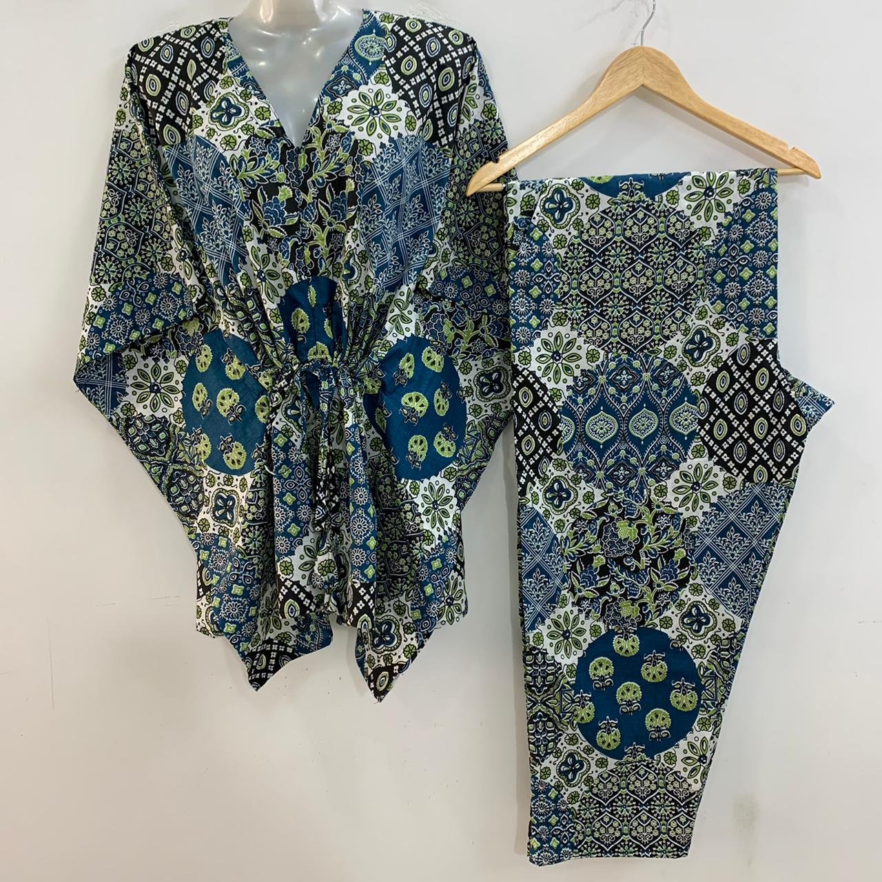 Blue-Black Jaipuri Print Cotton Maternity Kaftan Co-Ord Set