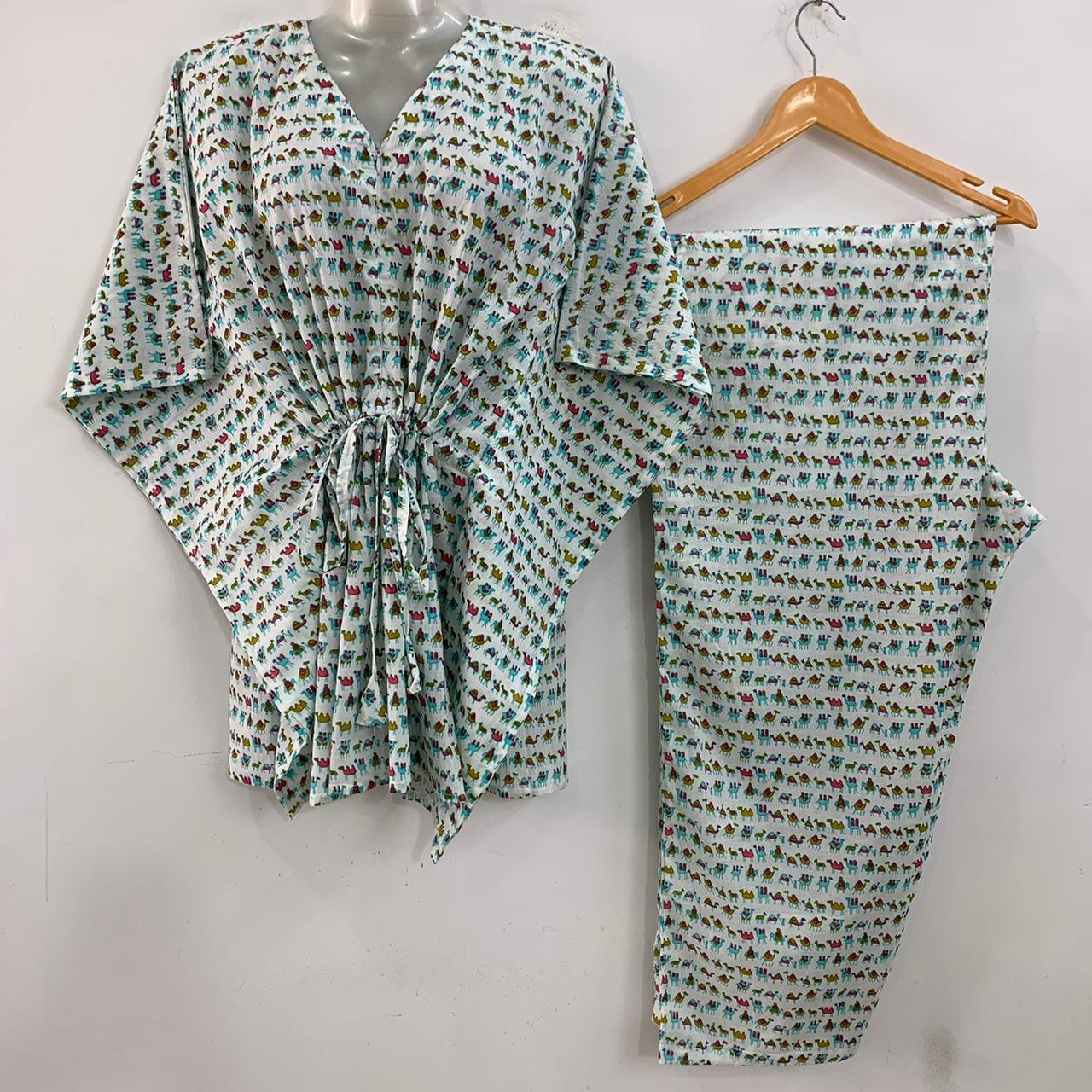 White shade Blue tiny Camel Print Cotton Maternity Kaftan Co-Ord Set