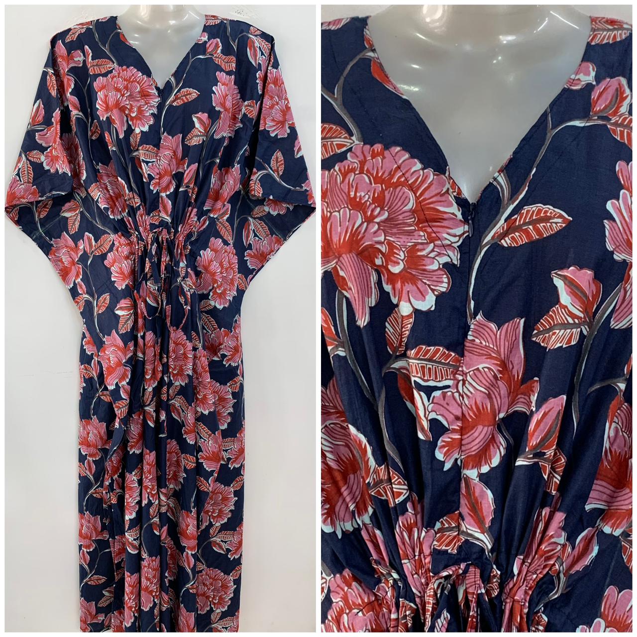 Dark Blue shade Pink Earth Lotus Flower Print Cotton Maternity Nursing Kaftan