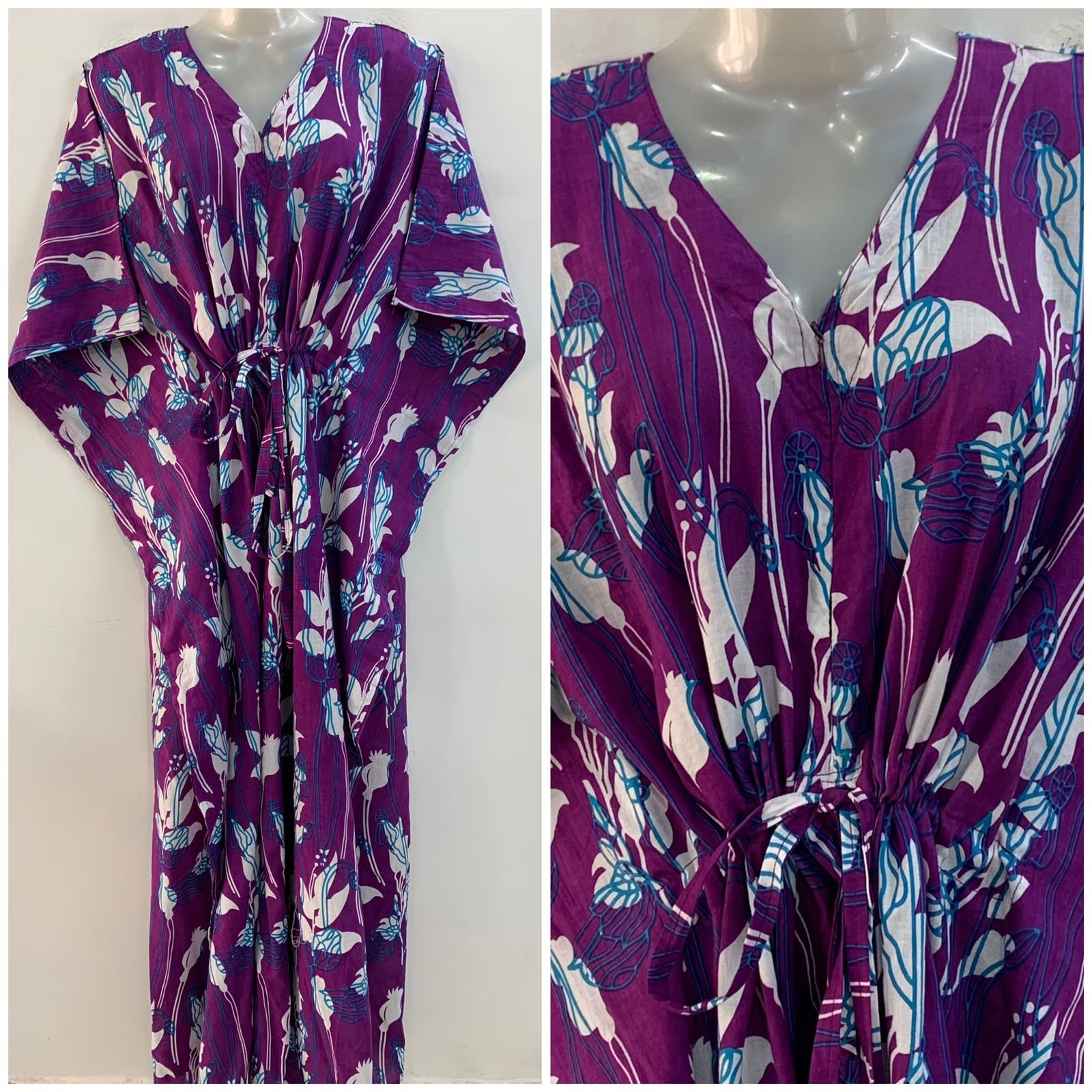 Purple shade Blue Lining Abstract Print Cotton Maternity Kaftan