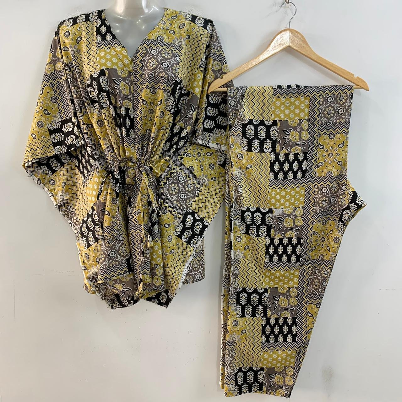 Yellow- Black Rajasthani Print Cotton Maternity Kaftan Co-Ord Set