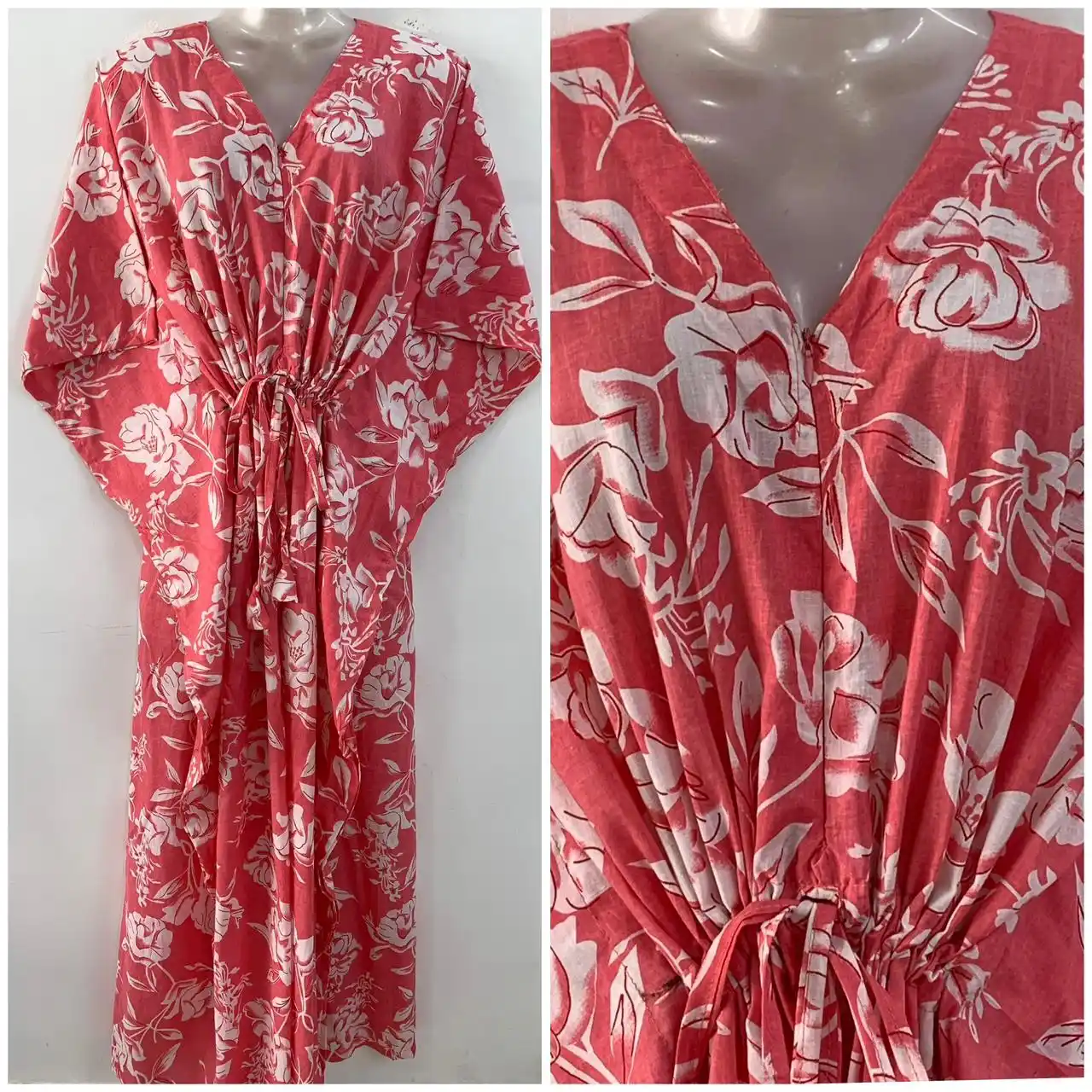 Peach Shade White Rose Flower Print Cotton Maternity Kaftan