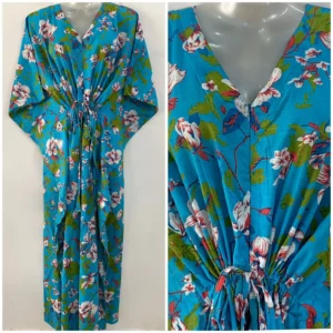 Light blue shade White Japanese Flower Print Cotton Maternity Kaftan