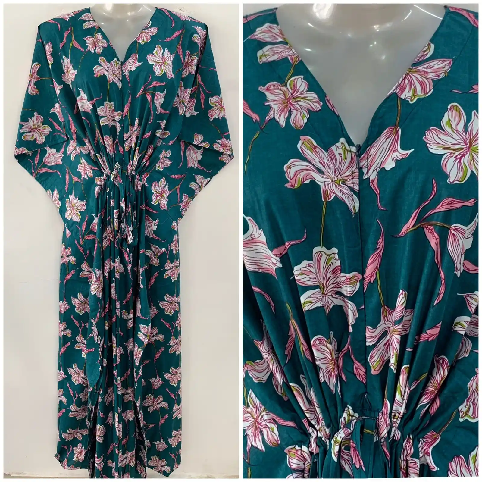 Green shade Pink Hibicus Lining Print Cotton Maternity Nursing Kaftan