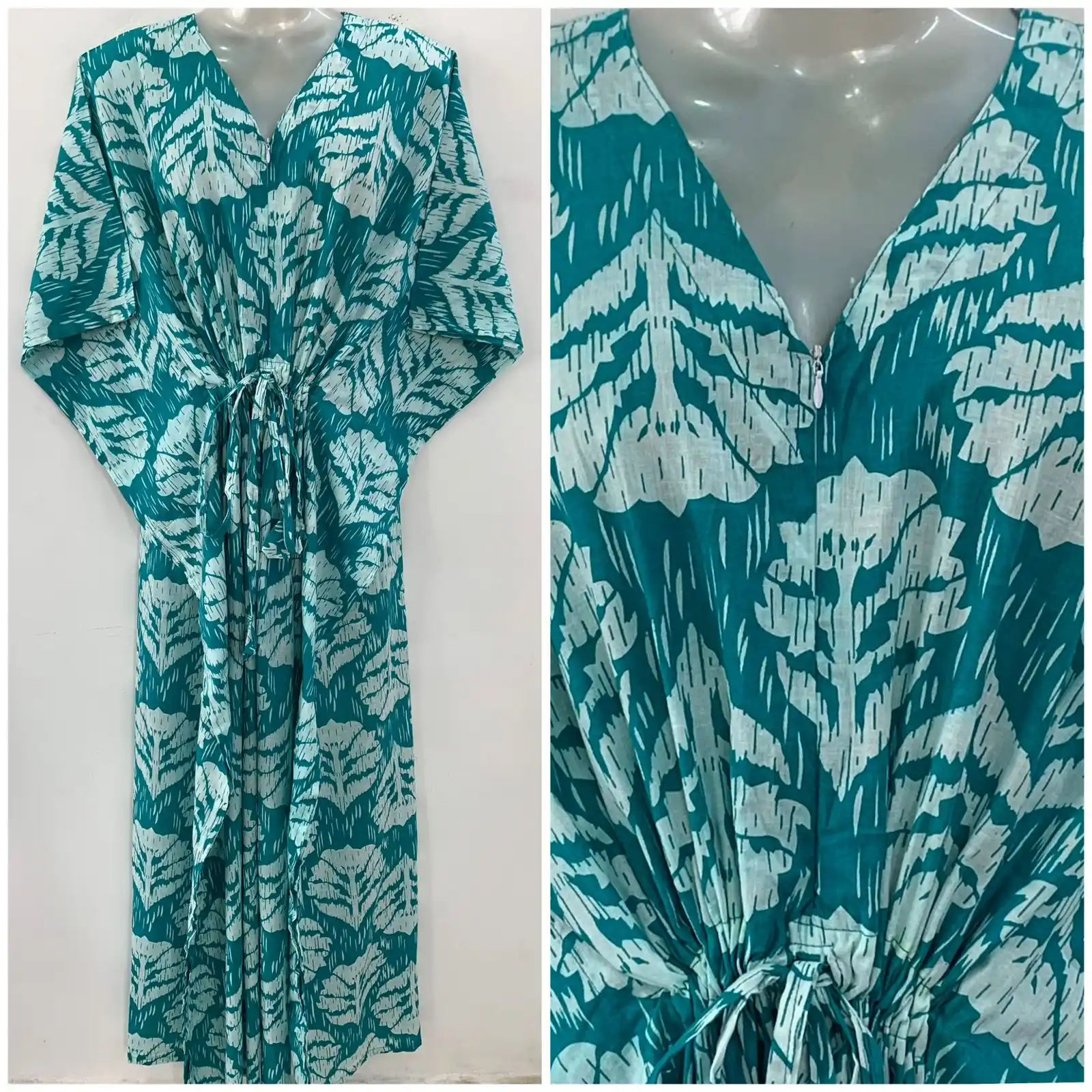 Seagreen shaded Big Leafy Print Cotton Maternity Kaftan