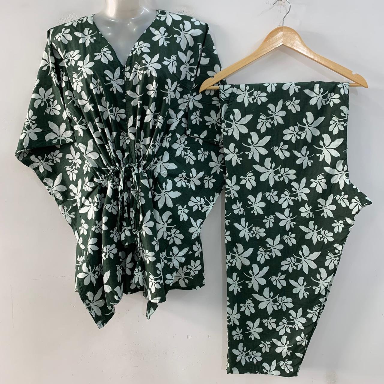 Dark Green Shade Autumn Leafy Print Cotton Maternity Kaftan Co-Ord Set