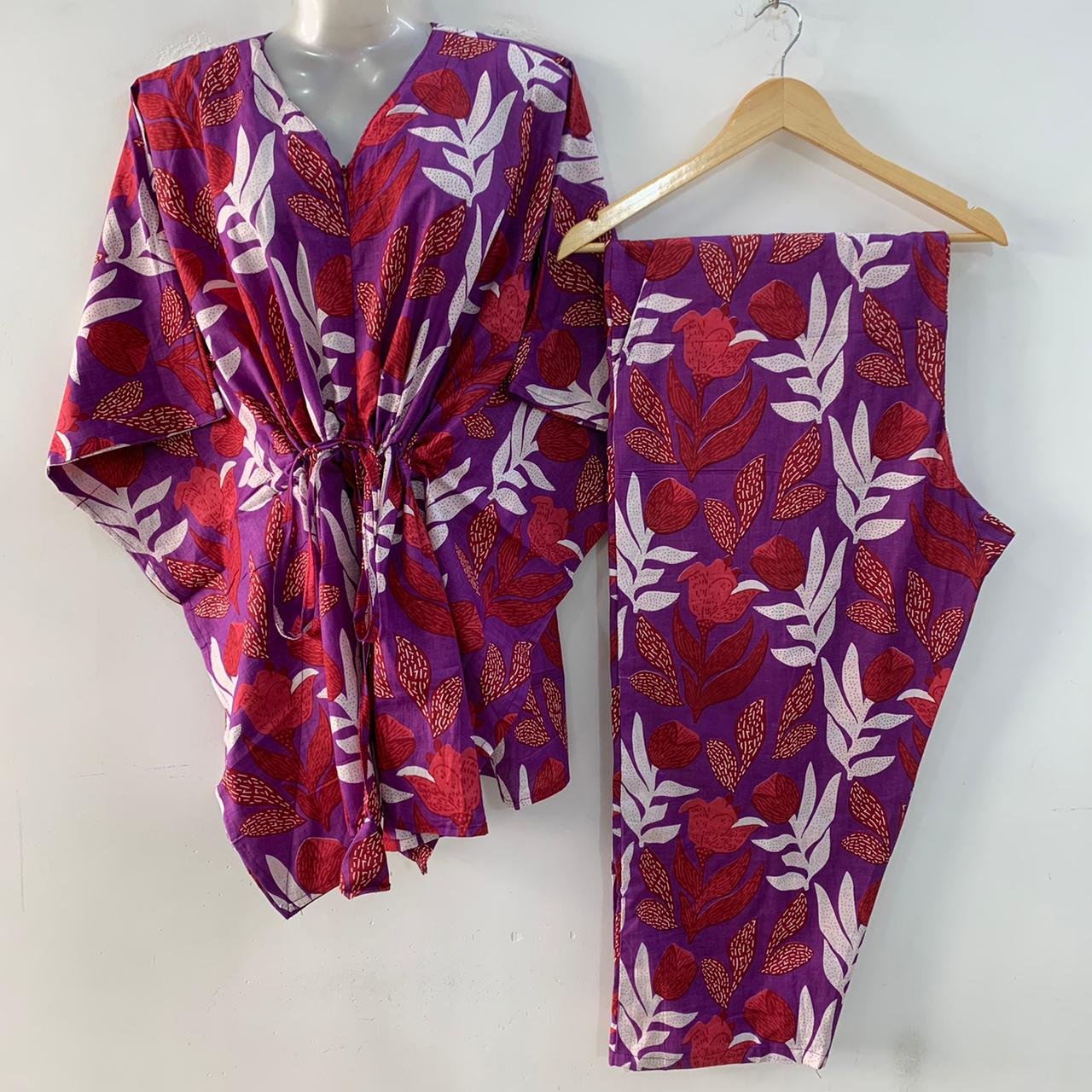 Purple Shade Red Tulip Flower Print Cotton Maternity Kaftan Co-Ord Set