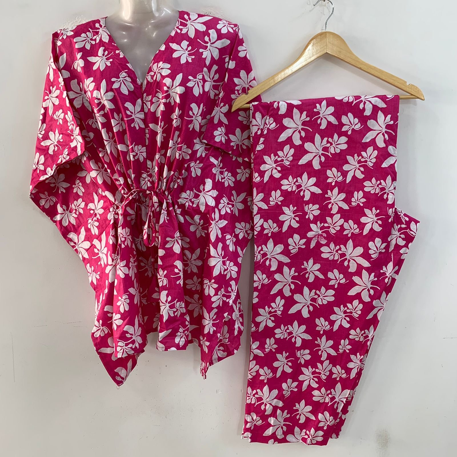Pink shade Autumn Leafy Print Cotton Maternity Kaftan Co-Ord Set