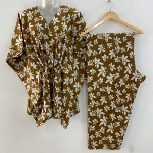 Brown Shade Autumn Leafy Print Cotton Maternity Kaftan Co-Ord Set