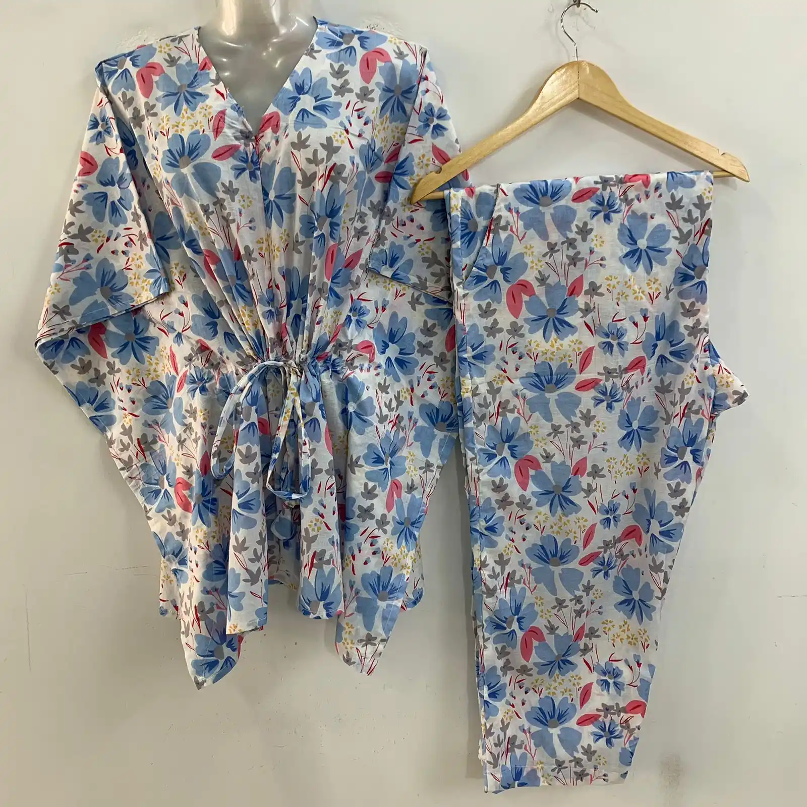 Blue Moonlight Flower Print Cotton Maternity Kaftan Co-Ord Set