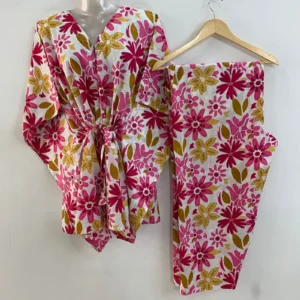 White Shade Pink Daisy Flower Print Cotton Maternity Kaftan Co-Ord Set