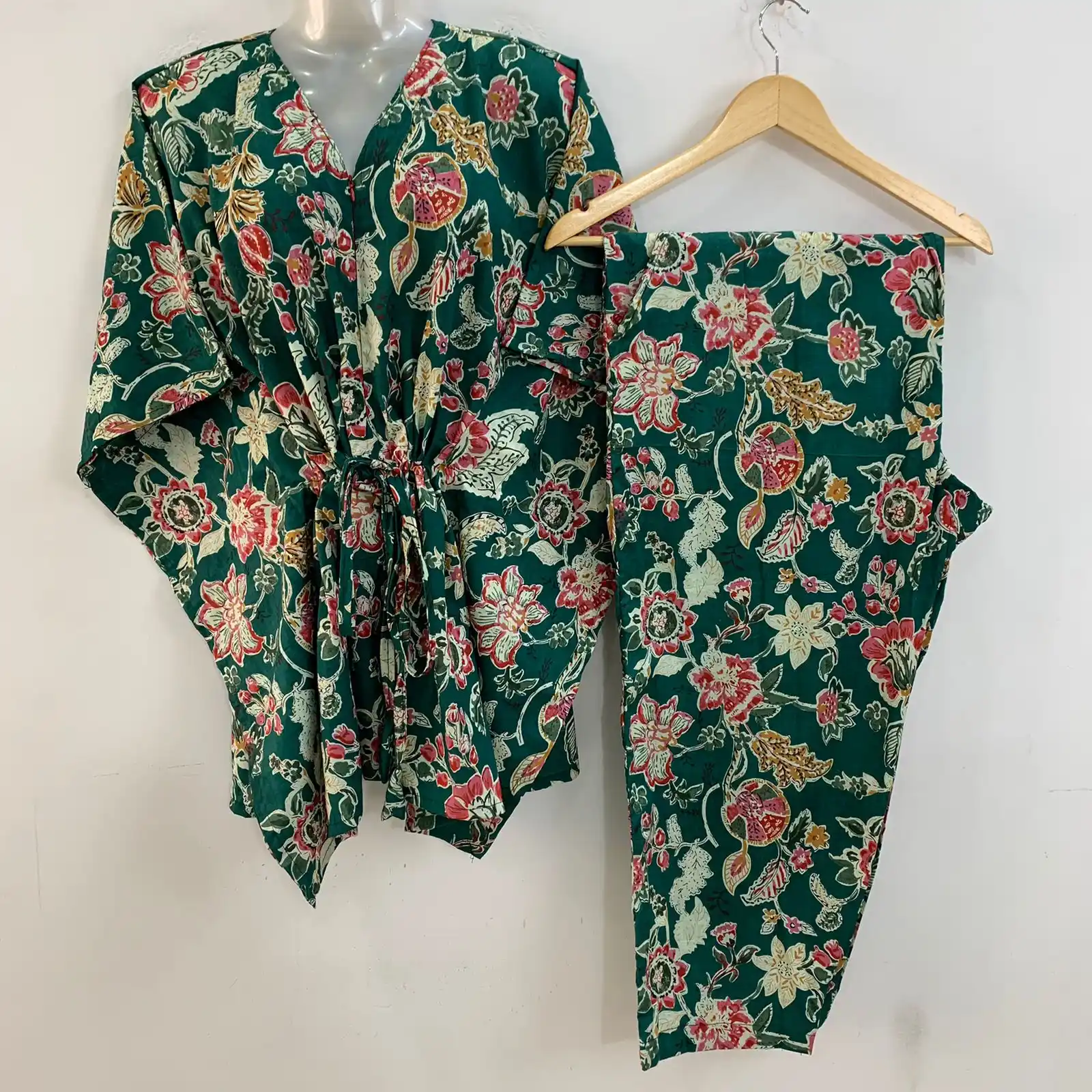 Green Shade Pink Marigold Flower Print Cotton Maternity Kaftan Co-Ord Set