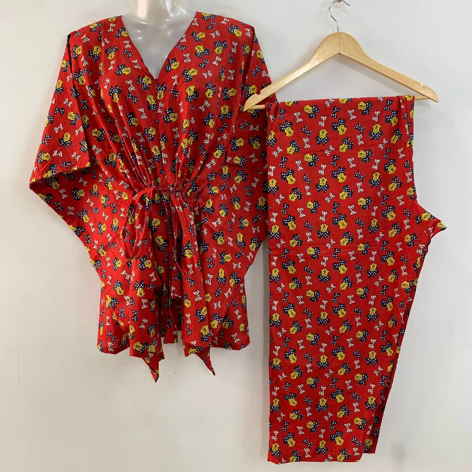 Red Shade Minni Mouse Print Cotton Maternity Kaftan Co-Ord Set
