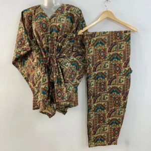 Red-Green Ethnic Patch Work Print Cotton Maternity Kaftan Co-Ord Set