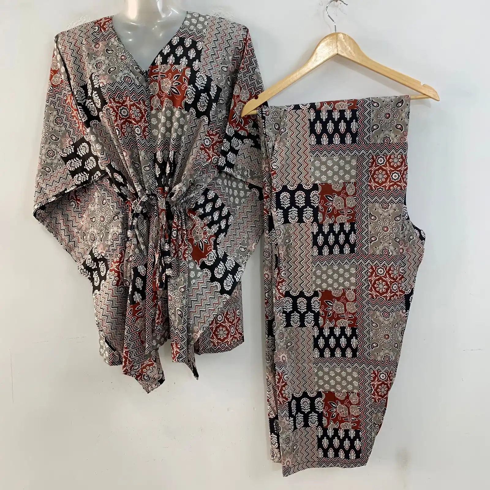 Grey-Brown Rajasthani Print Cotton Maternity Kaftan Co-Ord Set