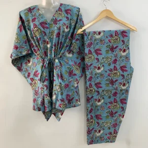 Light Blue Shade Green Marigold Print Cotton Maternity Kaftan Co-Ord Set
