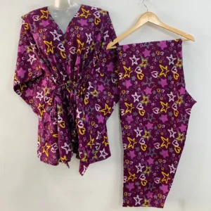 Dark Purple Shade Yellow Star Print Cotton Maternity Kaftan Co-Ord Set