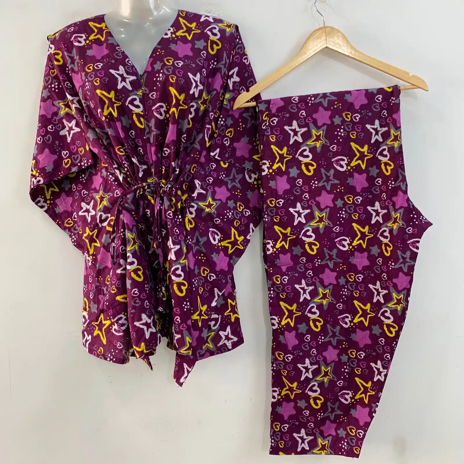 Dark Purple Shade Yellow Star Print Cotton Maternity Kaftan Co-Ord Set