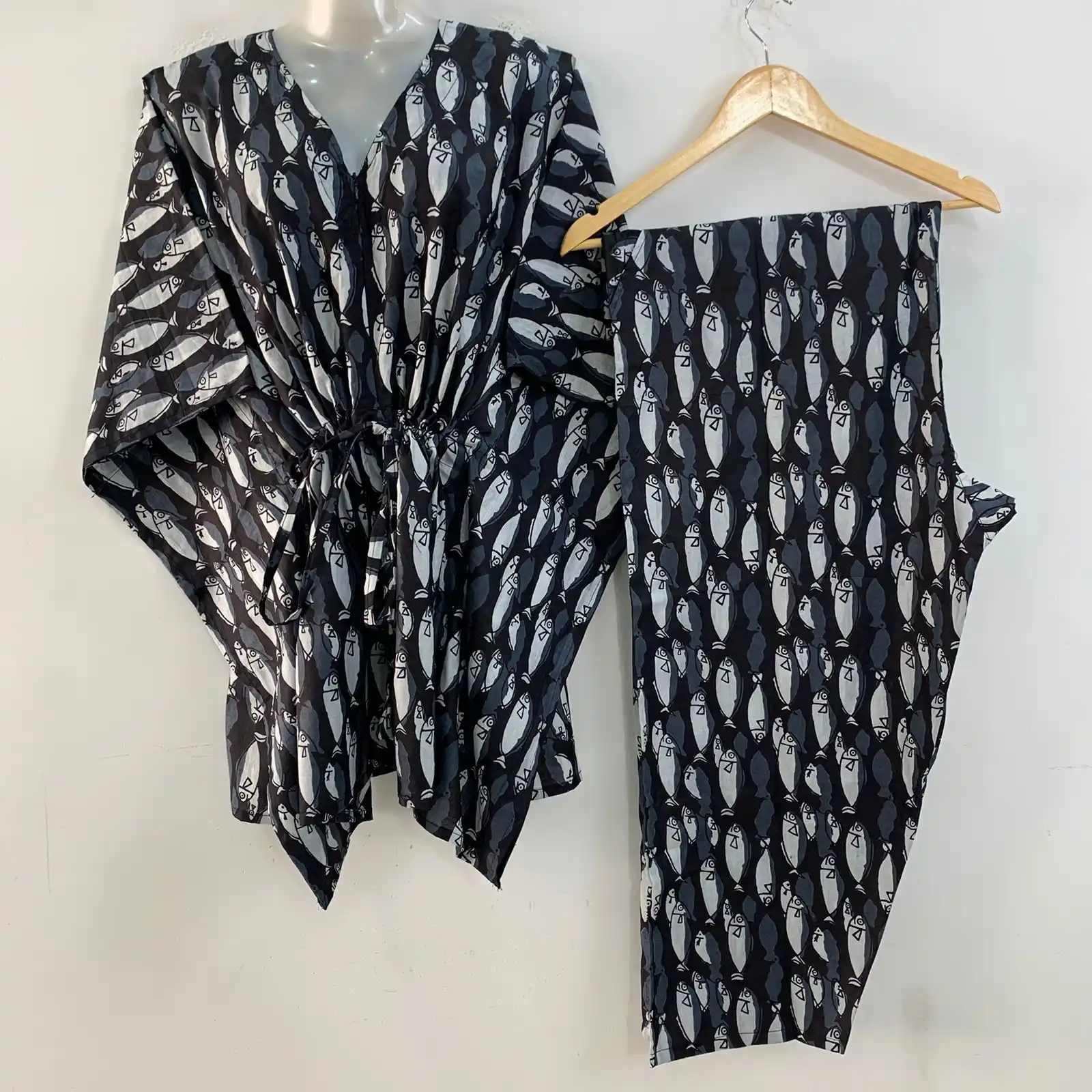 Black Shade Fish Print Cotton Maternity Kaftan Co-Ord Set