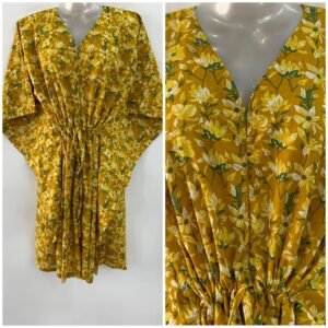 Yellow shade Jasmine flower Print Mid-Length Cotton Maternity Kaftan Dress