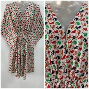 Red-Black Rabbit Print Mid-Length Cotton Maternity Kaftan Dress