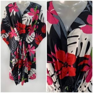 Black shade White Monstera Leafy Print Mid-Length Cotton Maternity Kaftan Dress
