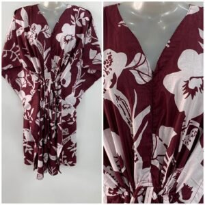 Dark Mehroon Shade Pansy Flower Print Mid-Length Cotton Maternity Kaftan Dress