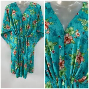 Light Seagreen shade Pink-Green Cosmos Flower Print Mid-Length Rayon Maternity Kaftan Dress
