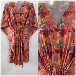 Peach Shade Multicolor leafy Print Mid-Length Cotton Maternity Kaftan Dress