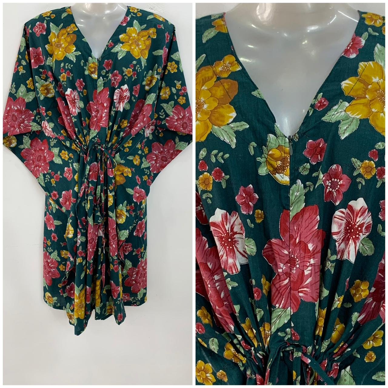 Dark Green shade Yellow-Pink Flower Print Mid-Length Cotton Maternity Kaftan Dress
