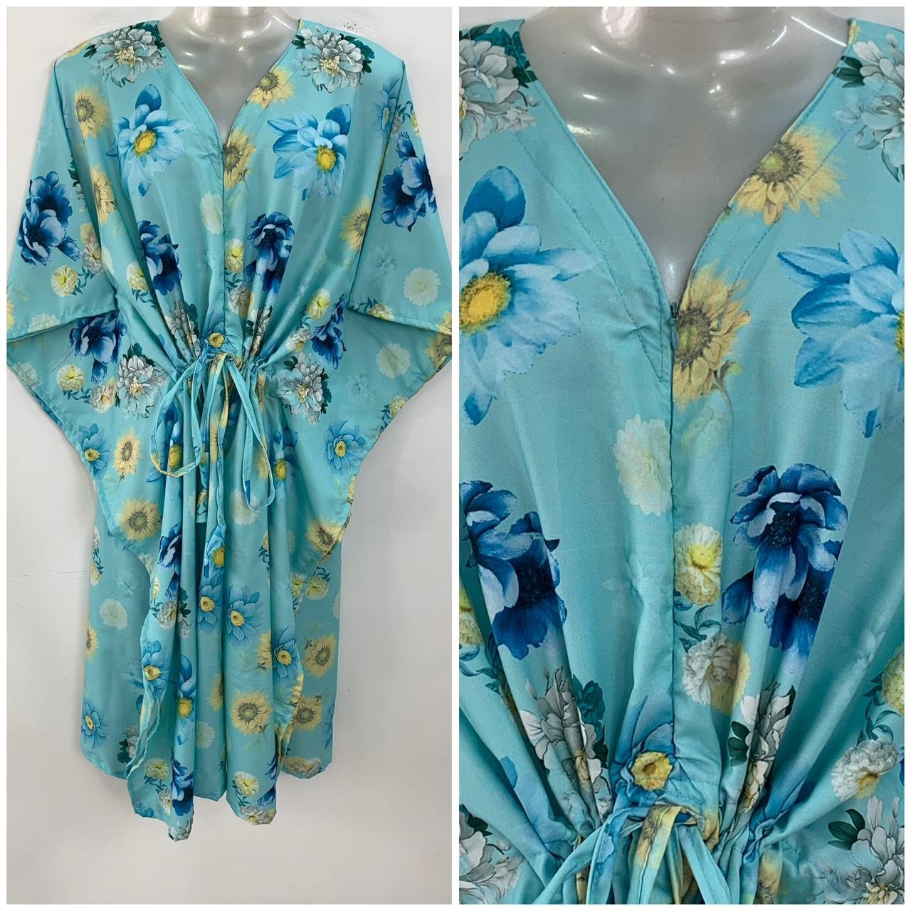 Light Blue shade Blue- Yellow Dalia Print Mid-Length Rayon Maternity Kaftan Dress