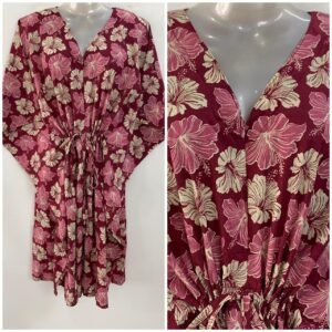 Mehroon shade Pink Hibiscus Flower Print Mid-Length Cotton Maternity Kaftan Dress