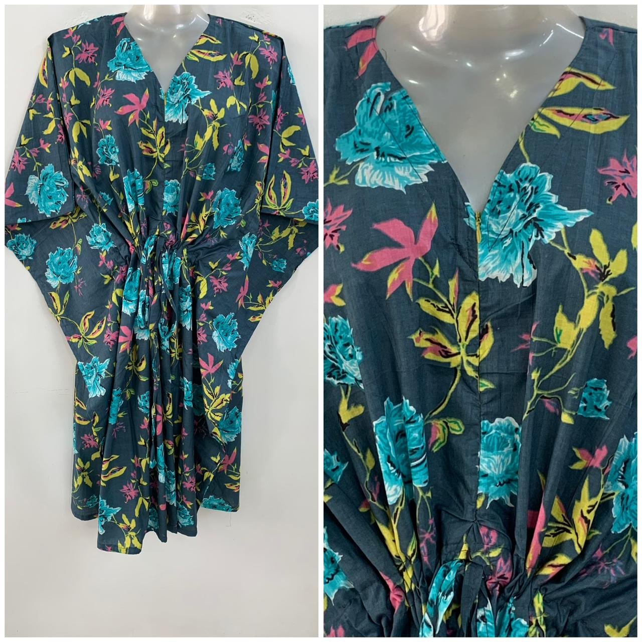 Dark Grey shade Blue Rose Flower Print Mid-Length Cotton Maternity Kaftan Dress