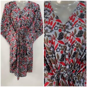 Grey shade Red Cherry Blossom Print Mid-Length Cotton Maternity Kaftan Dress