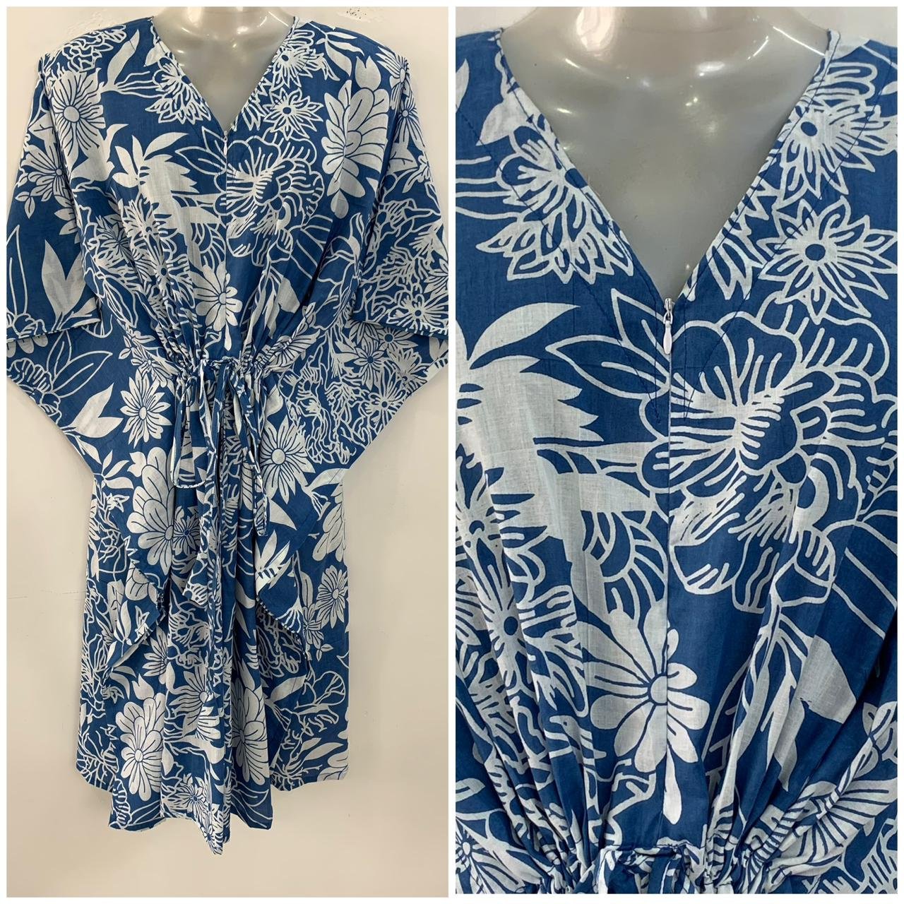 Rin Blue shade Flower Bunch Outliner Print Mid-Length Cotton Maternity Kaftan Dress