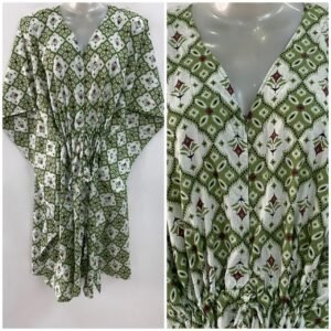 Green Dotted Spade Print Mid-Length Cotton Maternity Kaftan Dress